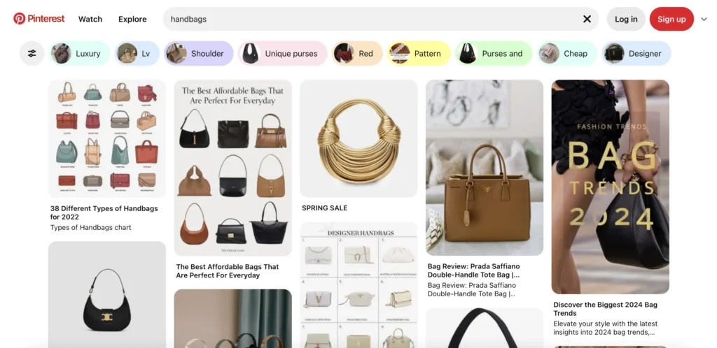 Sample Screenshot of Pinterest Feed Featuring Handbags